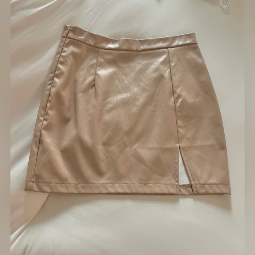 SHEIN Beige Faux Leather Mini Skirt with Front Slit Neutral Leather Pencil Skirt